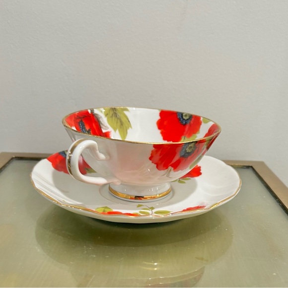 Limoges France Porcelain Tea Cup Saucer set Japan Red Flowers Poppies - Picture 2 of 8